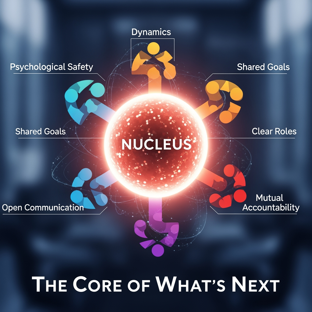 AI Design for name Nucleus  and text The Core of What's Next its for team engagement we would like to incorporate more dynamics to it "psychological safety, shared goals, clear roles, open communication, and mutual accountability. are the dynamic