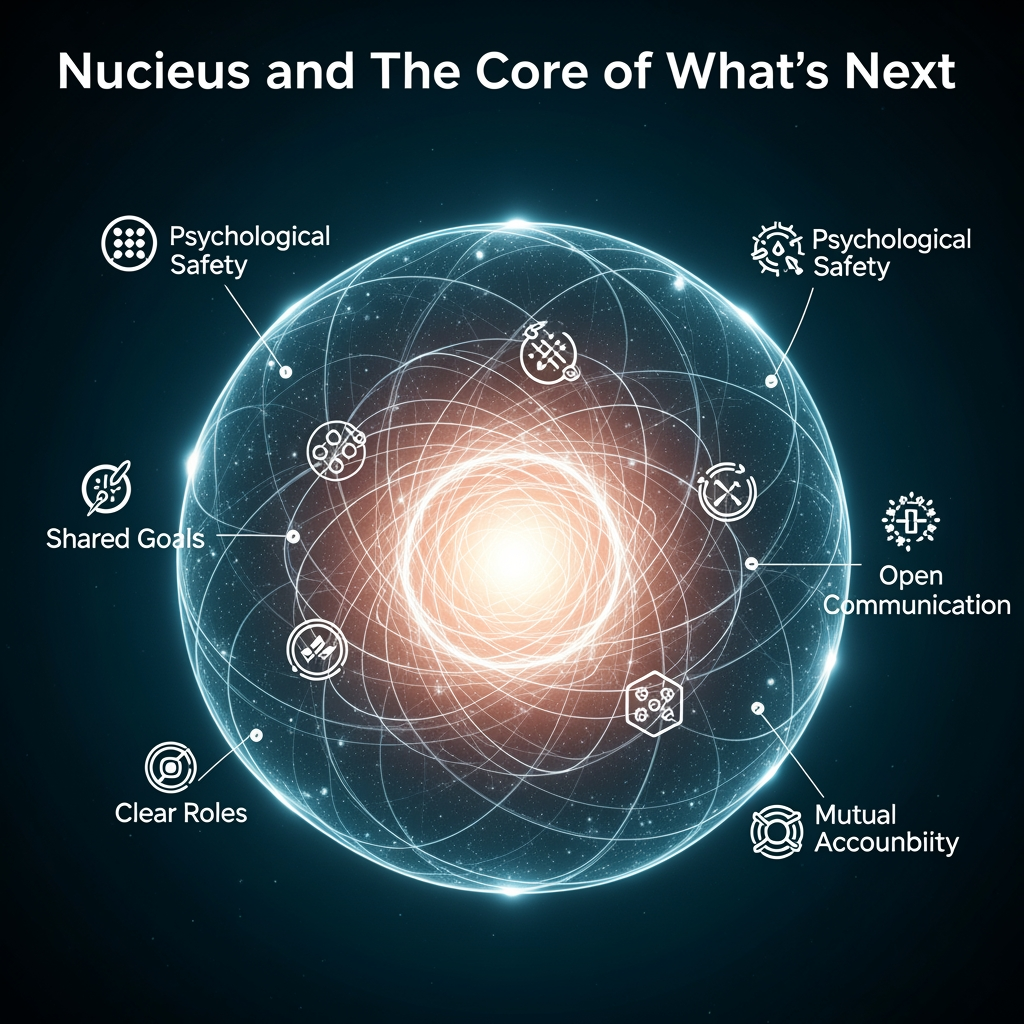 AI Design for title Nucleus and The Core of What's Next text andits for team engagement we would like to incorporate more dynamics to it "psychological safety, shared goals, clear roles, open communication, and mutual accountability. are the dynamic logos any other simple