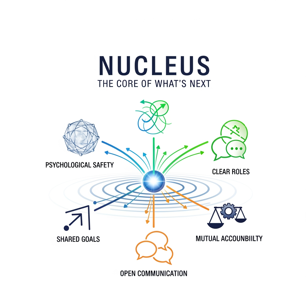 AI Design for name Nucleus  and text The Core of What's Next its for team engagement we would like to incorporate more dynamics to it "psychological safety, shared goals, clear roles, open communication, and mutual accountability. are the dynamic logo