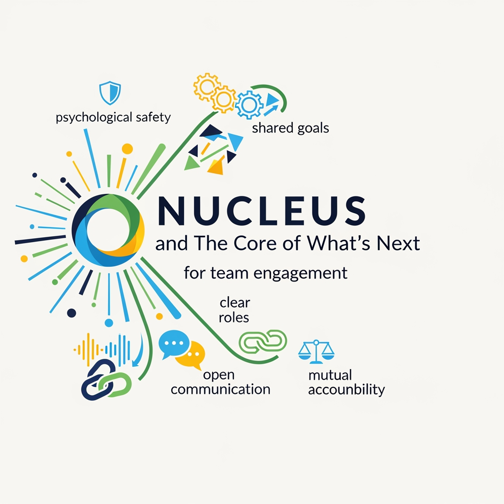 AI Design for title Nucleus and The Core of What's Next text andits for team engagement we would like to incorporate more dynamics to it "psychological safety, shared goals, clear roles, open communication, and mutual accountability. are the dynamic logos any other simple