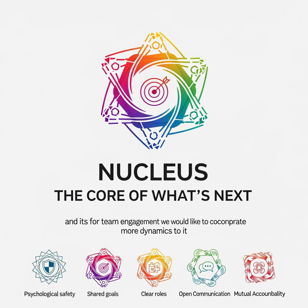 AI Design for title Nucleus and The Core of What's Next text andits for team engagement we would like to incorporate more dynamics to it "psychological safety, shared goals, clear roles, open communication, and mutual accountability. are the dynamic logos any other simple