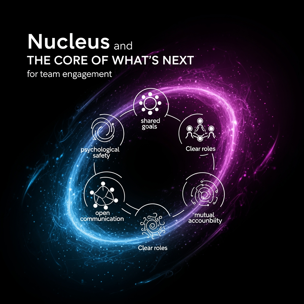 AI Design for title Nucleus and The Core of What's Next text andits for team engagement we would like to incorporate more dynamics to it "psychological safety, shared goals, clear roles, open communication, and mutual accountability. are the dynamic logos any other simple