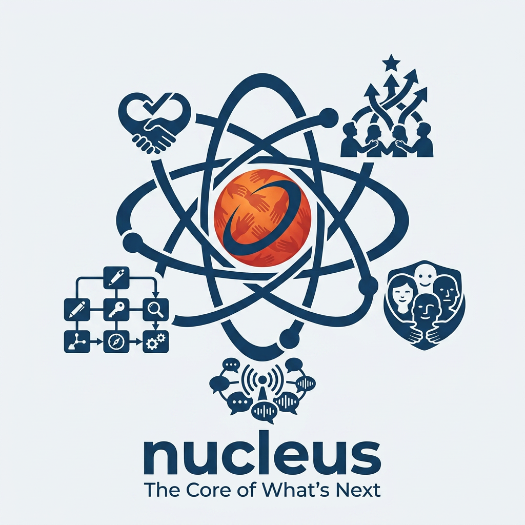 AI Design for title Nucleus and The Core of What's Next text andits for team engagement we would like to incorporate more dynamics to it "psychological safety, shared goals, clear roles, open communication, and mutual accountability. are the dynamic logos any other  without text in image Simple like this
