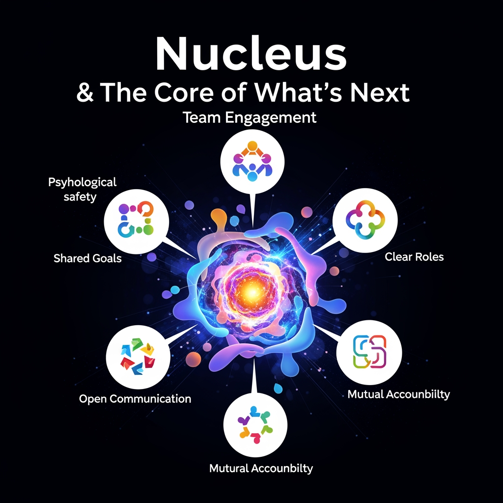 AI Design for title Nucleus and The Core of What's Next text andits for team engagement we would like to incorporate more dynamics to it "psychological safety, shared goals, clear roles, open communication, and mutual accountability. are the dynamic logos any other  without text in image Simple