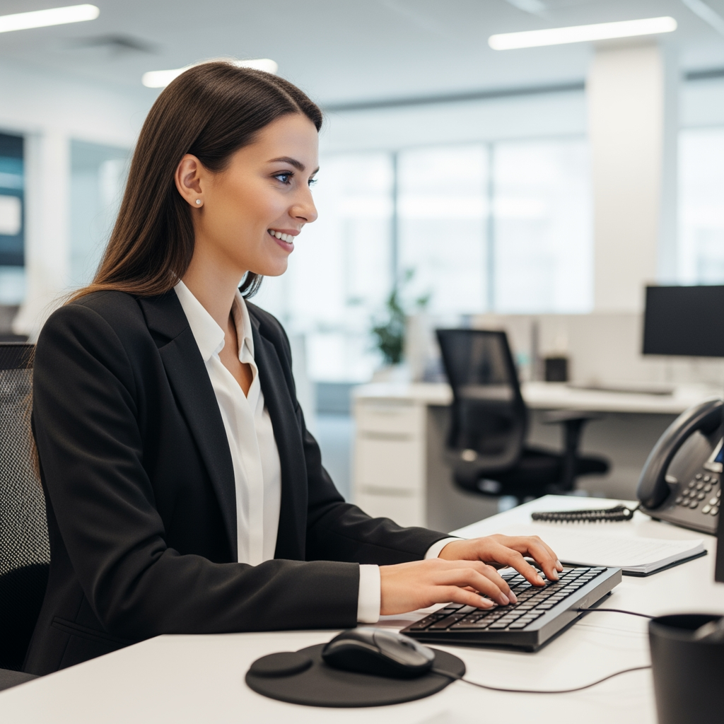 AI Design for Replace the existing background with a modern corporate office environment featuring a clean professional workspace, subtle office elements, soft depth of field, and natural bokeh blur. Maintain realistic lighting, perspective, desk position, keyboard, mouse, and all workstation elements exactly as in the original image.

Replace the current person with a professional-looking young adult woman seated at the desk, working on the keyboard. She should appear confident, friendly, corporate, and business-professional. Natural posture, realistic skin tones, realistic hands, photorealistic facial features, office-appropriate attire.

Preserve the original camera angle, composition, desk layout, keyboard placement, mouse placement, and overall framing. Generate a highly realistic corporate office scene with seamless integration between subject and background.

Photorealistic, corporate workspace, professional employee, natural lighting, shallow depth of field, high detail, realistic office atmosphere, commercial stock-photo quality.