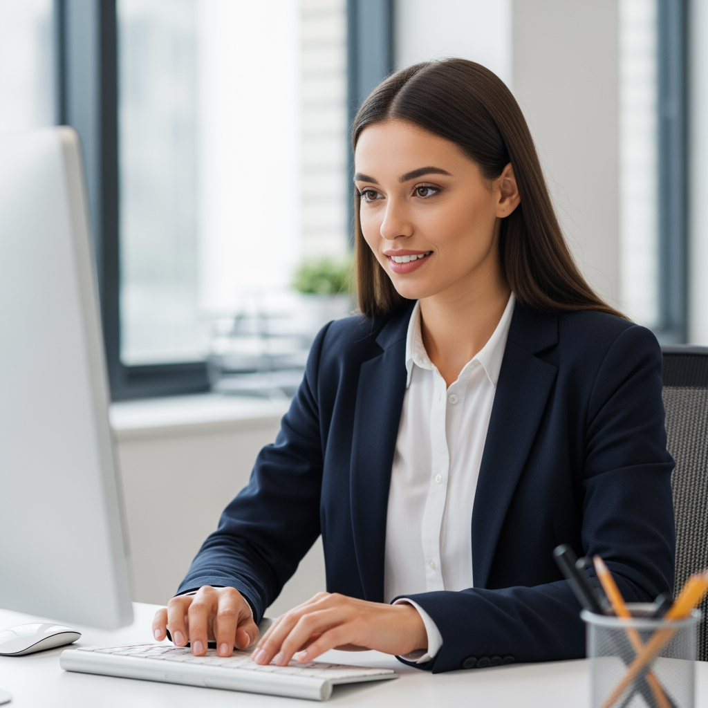 AI Design for Replace the existing background with a modern corporate office environment featuring a clean professional workspace, subtle office elements, soft depth of field, and natural bokeh blur. Maintain realistic lighting, perspective, desk position, keyboard, mouse, and all workstation elements exactly as in the original image.

Replace the current person with a professional-looking young adult woman seated at the desk, working on the keyboard. She should appear confident, friendly, corporate, and business-professional. Natural posture, realistic skin tones, realistic hands, photorealistic facial features, office-appropriate attire.

Preserve the original camera angle, composition, desk layout, keyboard placement, mouse placement, and overall framing. Generate a highly realistic corporate office scene with seamless integration between subject and background.

Photorealistic, corporate workspace, professional employee, natural lighting, shallow depth of field, high detail, realistic office atmosphere, commercial stock-photo quality.

Front side face