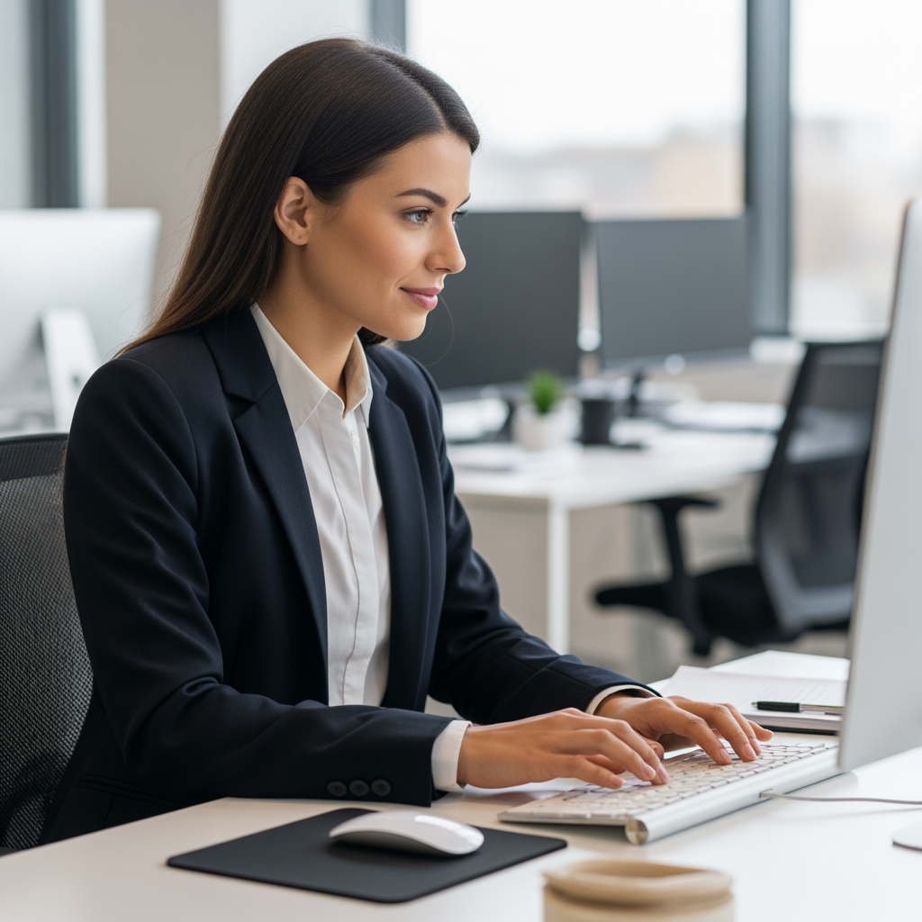 AI Design for Replace the existing background with a modern corporate office environment featuring a clean professional workspace, subtle office elements, soft depth of field, and natural bokeh blur. Maintain realistic lighting, perspective, desk position, keyboard, mouse, and all workstation elements exactly as in the original image.

Replace the current person with a professional-looking young adult woman seated at the desk, working on the keyboard. She should appear confident, friendly, corporate, and business-professional. Natural posture, realistic skin tones, realistic hands, photorealistic facial features, office-appropriate attire.

Preserve the original camera angle, composition, desk layout, keyboard placement, mouse placement, and overall framing. Generate a highly realistic corporate office scene with seamless integration between subject and background.

Photorealistic, corporate workspace, professional employee, natural lighting, shallow depth of field, high detail, realistic office atmosphere, commercial stock-photo quality.