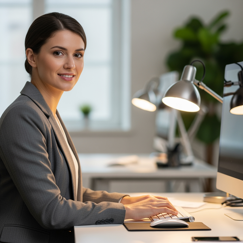 AI Design for Replace the existing background with a modern corporate office environment featuring a clean professional workspace, subtle office elements, soft depth of field, and natural bokeh blur. Maintain realistic lighting, perspective, desk position, keyboard, mouse, and all workstation elements exactly as in the original image.

Replace the current person with a professional-looking young adult woman seated at the desk, working on the keyboard. She should appear confident, friendly, corporate, and business-professional. Natural posture, realistic skin tones, realistic hands, photorealistic facial features, office-appropriate attire.

Preserve the original camera angle, composition, desk layout, keyboard placement, mouse placement, and overall framing. Generate a highly realistic corporate office scene with seamless integration between subject and background.

Photorealistic, corporate workspace, professional employee, natural lighting, shallow depth of field, high detail, realistic office atmosphere, commercial stock-photo quality.

Front side face