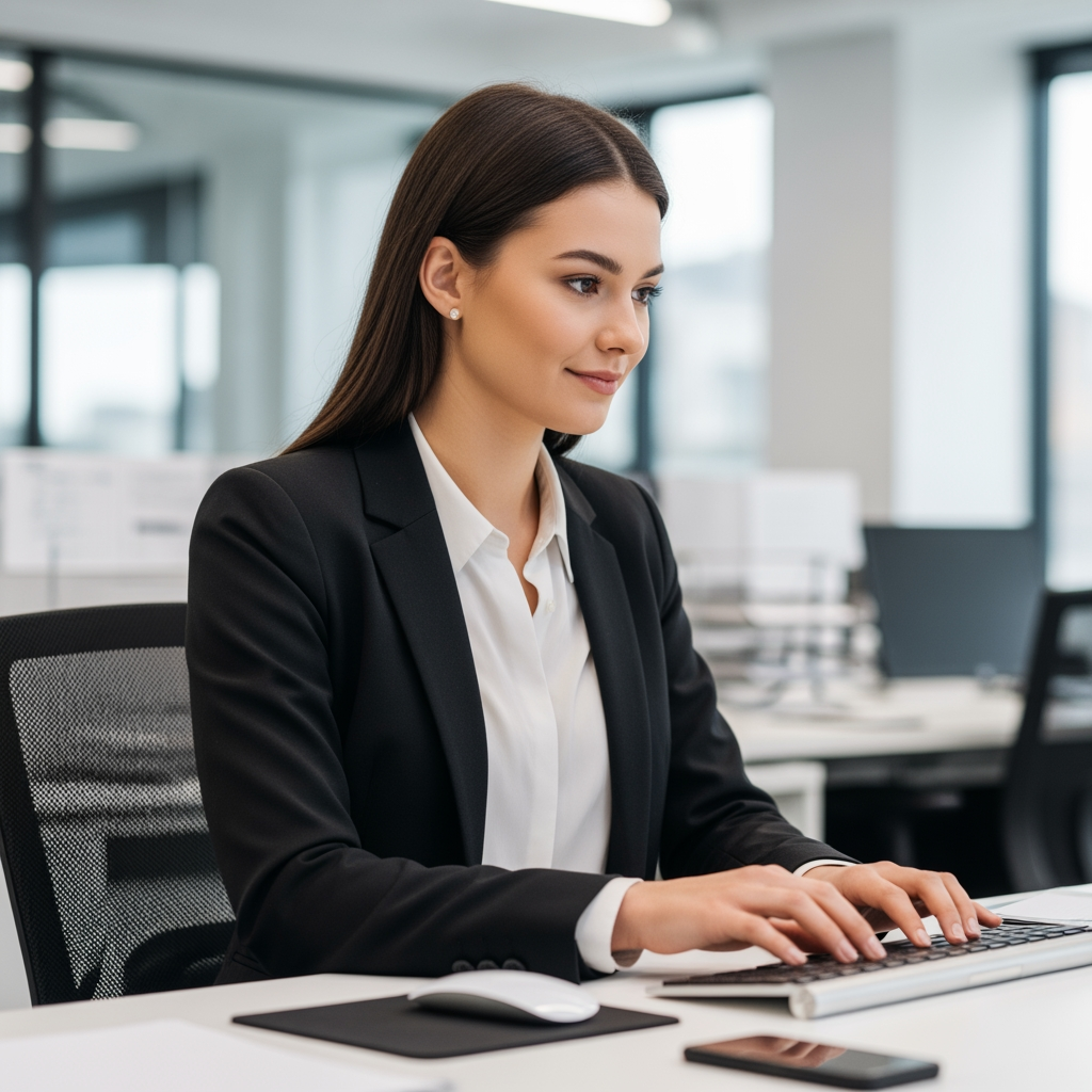 AI Design for Replace the existing background with a modern corporate office environment featuring a clean professional workspace, subtle office elements, soft depth of field, and natural bokeh blur. Maintain realistic lighting, perspective, desk position, keyboard, mouse, and all workstation elements exactly as in the original image.

Replace the current person with a professional-looking young adult woman seated at the desk, working on the keyboard. She should appear confident, friendly, corporate, and business-professional. Natural posture, realistic skin tones, realistic hands, photorealistic facial features, office-appropriate attire.

Preserve the original camera angle, composition, desk layout, keyboard placement, mouse placement, and overall framing. Generate a highly realistic corporate office scene with seamless integration between subject and background.

Photorealistic, corporate workspace, professional employee, natural lighting, shallow depth of field, high detail, realistic office atmosphere, commercial stock-photo quality.

Front side face