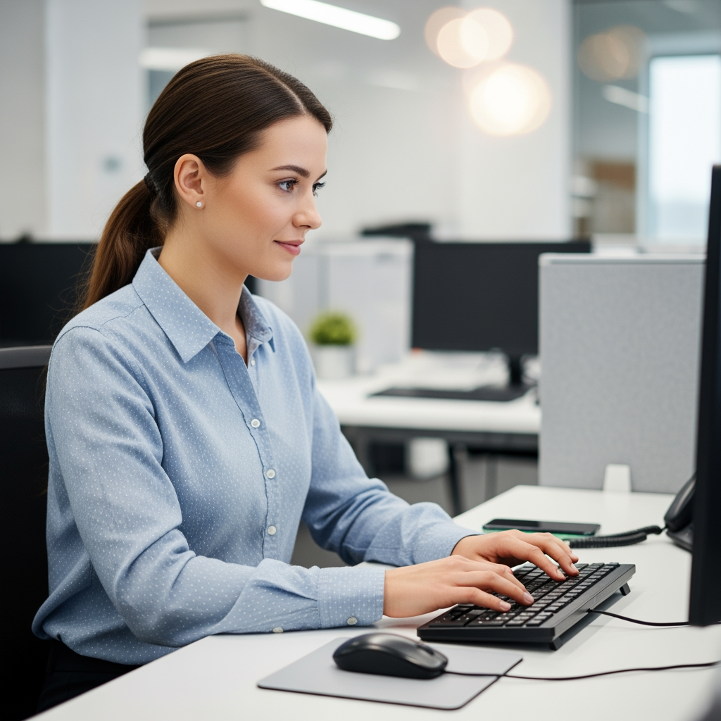 AI Design for Replace the existing background with a modern corporate office environment featuring a clean professional workspace, subtle office elements, soft depth of field, and natural bokeh blur. Maintain realistic lighting, perspective, desk position, keyboard, mouse, and all workstation elements exactly as in the original image.

Replace the current person with a professional-looking young adult woman seated at the desk, working on the keyboard. She should appear confident, friendly, corporate, and business-professional. Natural posture, realistic skin tones, realistic hands, photorealistic facial features, office-appropriate attire.

Preserve the original camera angle, composition, desk layout, keyboard placement, mouse placement, and overall framing. Generate a highly realistic corporate office scene with seamless integration between subject and background.

Photorealistic, corporate workspace, professional employee, natural lighting, shallow depth of field, high detail, realistic office atmosphere, commercial stock-photo quality.