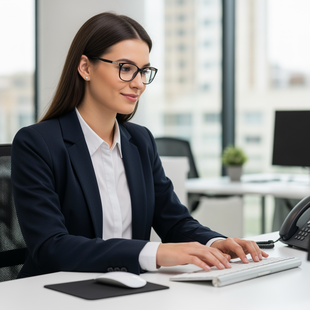 AI Design for Replace the existing background with a modern corporate office environment featuring a clean professional workspace, subtle office elements, soft depth of field, and natural bokeh blur. Maintain realistic lighting, perspective, desk position, keyboard, mouse, and all workstation elements exactly as in the original image.

Replace the current person with a professional-looking young adult woman seated at the desk, working on the keyboard. She should appear confident, friendly, corporate, and business-professional. Natural posture, realistic skin tones, realistic hands, photorealistic facial features, office-appropriate attire.

Preserve the original camera angle, composition, desk layout, keyboard placement, mouse placement, and overall framing. Generate a highly realistic corporate office scene with seamless integration between subject and background.

Photorealistic, corporate workspace, professional employee, natural lighting, shallow depth of field, high detail, realistic office atmosphere, commercial stock-photo quality.

Front side face