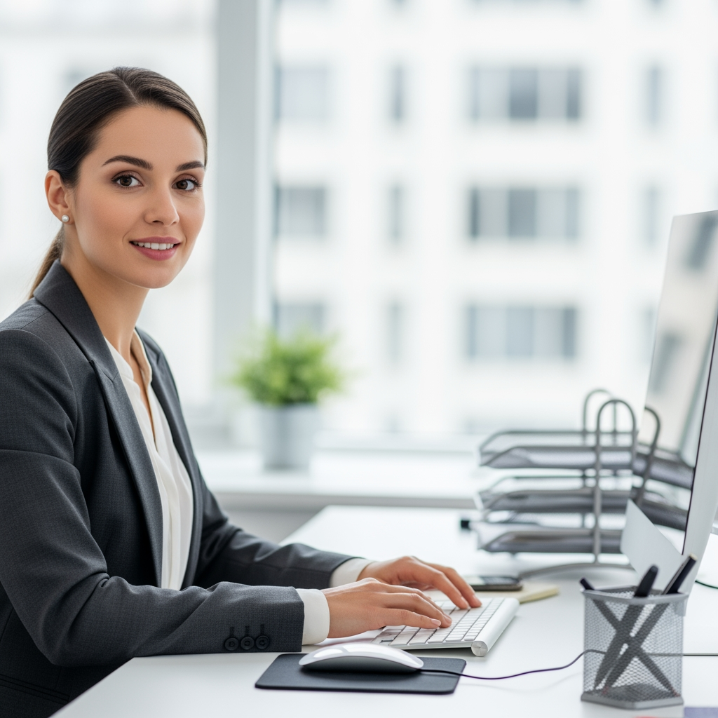 AI Design for Replace the existing background with a modern corporate office environment featuring a clean professional workspace, subtle office elements, soft depth of field, and natural bokeh blur. Maintain realistic lighting, perspective, desk position, keyboard, mouse, and all workstation elements exactly as in the original image.

Replace the current person with a professional-looking young adult woman seated at the desk, working on the keyboard. She should appear confident, friendly, corporate, and business-professional. Natural posture, realistic skin tones, realistic hands, photorealistic facial features, office-appropriate attire.

Preserve the original camera angle, composition, desk layout, keyboard placement, mouse placement, and overall framing. Generate a highly realistic corporate office scene with seamless integration between subject and background.

Photorealistic, corporate workspace, professional employee, natural lighting, shallow depth of field, high detail, realistic office atmosphere, commercial stock-photo quality.

Front side face