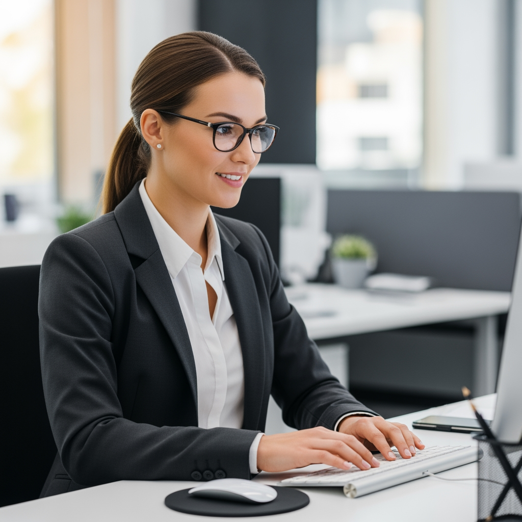 AI Design for Replace the existing background with a modern corporate office environment featuring a clean professional workspace, subtle office elements, soft depth of field, and natural bokeh blur. Maintain realistic lighting, perspective, desk position, keyboard, mouse, and all workstation elements exactly as in the original image.

Replace the current person with a professional-looking young adult woman seated at the desk, working on the keyboard. She should appear confident, friendly, corporate, and business-professional. Natural posture, realistic skin tones, realistic hands, photorealistic facial features, office-appropriate attire.

Preserve the original camera angle, composition, desk layout, keyboard placement, mouse placement, and overall framing. Generate a highly realistic corporate office scene with seamless integration between subject and background.

Photorealistic, corporate workspace, professional employee, natural lighting, shallow depth of field, high detail, realistic office atmosphere, commercial stock-photo quality.

Front side face