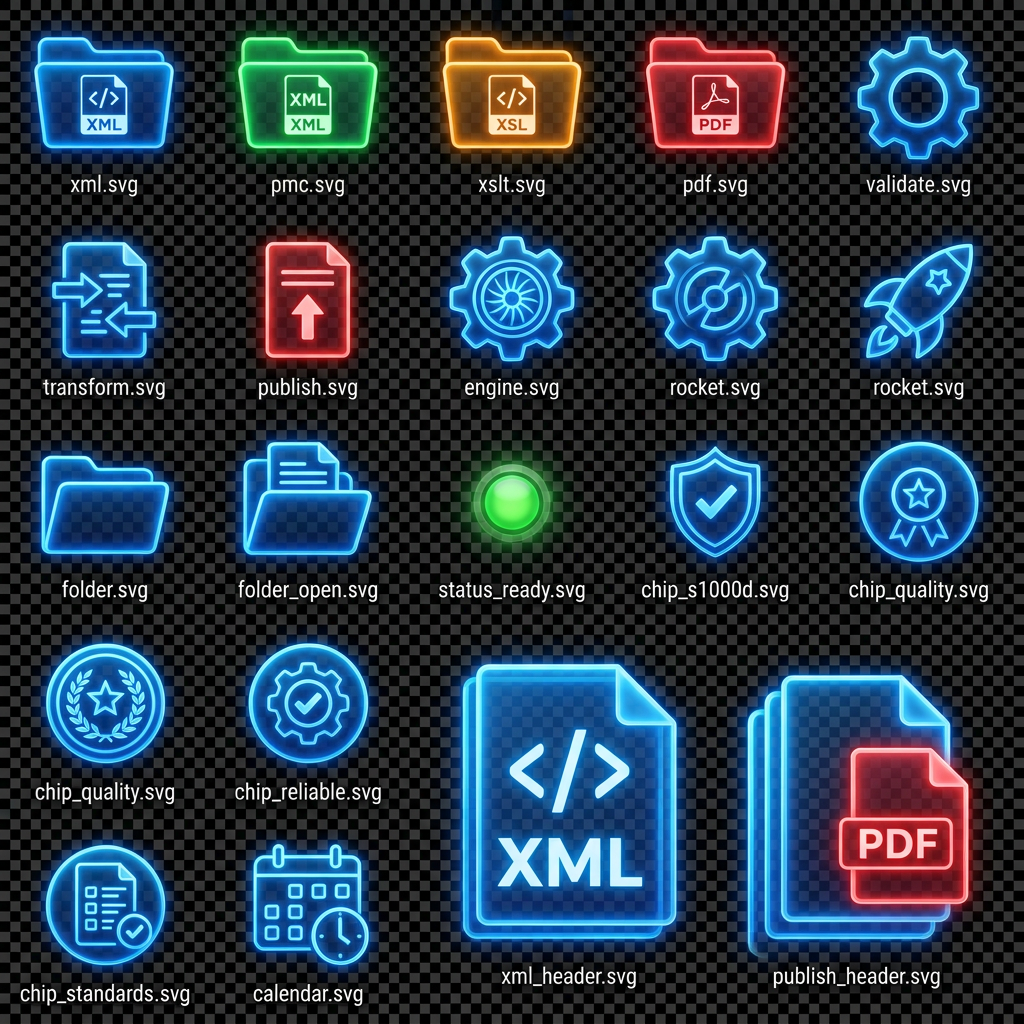 AI Design for Generate ONLY SVG files.
Do NOT generate PNG, JPG, WebP, ICO, sprite sheets, icon sheets, previews, mockups, screenshots, or raster images.
Each icon must be a separate standalone SVG file.
SVG must be fully editable vector graphics.
SVG must use transparent background.
SVG must be optimized and clean.
SVG must scale infinitely without quality loss.
No fixed width or height restrictions.
Use viewBox only.
REFERENCE IMAGE
Analyze the attached file "Idea.png" in extreme detail.

Match EXACTLY:

Colors
Glow intensity
Border thickness
Neon effects
Glassmorphism appearance
Corner radius
Inner shadows
Outer glow
Transparency levels
Layer structure
Light reflections
Blue neon visual style
Red neon visual style
Green neon visual style
Orange neon visual style
Aircraft-industry software appearance
Futuristic S1000D publishing tool aesthetic

Do not redesign.
Do not reinterpret.
Do not simplify.
Do not modernize.
Do not change style.

Reproduce the visual language of the reference image as accurately as possible.


DETAIL LEVEL

Use extreme detail.
Preserve:

Neon bloom
Internal gradients
Edge highlights
Reflection streaks
Layered lighting
Transparency
Soft glow halos
Inner illumination
Bevel effects
Glass surfaces
Futuristic HUD style

Every icon should appear as if extracted directly from the UI.

CONSISTENCY RULES

All icons must:

Belong to same visual family.
Use identical glow treatment.
Use consistent line weights.
Use consistent corner radii.
Use consistent lighting direction.
Use identical glassmorphism treatment.
SVG TECHNICAL REQUIREMENTS

Use:

Linear gradients
Radial gradients
Gaussian blur filters
Glow filters
Opacity layers
Vector paths only

Avoid:

Embedded raster images
Bitmap data
PNG inside SVG
Base64 image embedding
OUTPUT STRUCTURE

Create:

xml.svg
pmc.svg
xslt.svg
pdf.svg
validate.svg
transform.svg
publish.svg
engine.svg
rocket.svg
folder.svg
folder_open.svg
status_ready.svg
chip_s1000d.svg
chip_quality.svg
chip_reliable.svg
chip_standards.svg
calendar.svg
xml_header.svg
publish_header.svg

Generate production-quality SVG assets suitable for a professional PySide6 aviation publishing application.