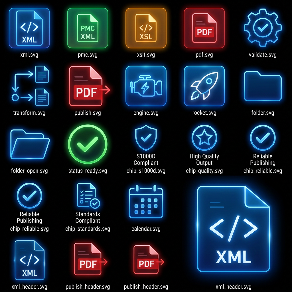 AI Design for Generate ONLY SVG files.
Do NOT generate PNG, JPG, WebP, ICO, sprite sheets, icon sheets, previews, mockups, screenshots, or raster images.
Each icon must be a separate standalone SVG file.
SVG must be fully editable vector graphics.
SVG must use transparent background.
SVG must be optimized and clean.
SVG must scale infinitely without quality loss.
No fixed width or height restrictions.
Use viewBox only.
REFERENCE IMAGE
Analyze the attached file "Idea.png" in extreme detail.

Match EXACTLY:

Colors
Glow intensity
Border thickness
Neon effects
Glassmorphism appearance
Corner radius
Inner shadows
Outer glow
Transparency levels
Layer structure
Light reflections
Blue neon visual style
Red neon visual style
Green neon visual style
Orange neon visual style
Aircraft-industry software appearance
Futuristic S1000D publishing tool aesthetic

Do not redesign.
Do not reinterpret.
Do not simplify.
Do not modernize.
Do not change style.

Reproduce the visual language of the reference image as accurately as possible.


DETAIL LEVEL

Use extreme detail.
Preserve:

Neon bloom
Internal gradients
Edge highlights
Reflection streaks
Layered lighting
Transparency
Soft glow halos
Inner illumination
Bevel effects
Glass surfaces
Futuristic HUD style

Every icon should appear as if extracted directly from the UI.

CONSISTENCY RULES

All icons must:

Belong to same visual family.
Use identical glow treatment.
Use consistent line weights.
Use consistent corner radii.
Use consistent lighting direction.
Use identical glassmorphism treatment.
SVG TECHNICAL REQUIREMENTS

Use:

Linear gradients
Radial gradients
Gaussian blur filters
Glow filters
Opacity layers
Vector paths only

Avoid:

Embedded raster images
Bitmap data
PNG inside SVG
Base64 image embedding
OUTPUT STRUCTURE

Create:

xml.svg
pmc.svg
xslt.svg
pdf.svg
validate.svg
transform.svg
publish.svg
engine.svg
rocket.svg
folder.svg
folder_open.svg
status_ready.svg
chip_s1000d.svg
chip_quality.svg
chip_reliable.svg
chip_standards.svg
calendar.svg
xml_header.svg
publish_header.svg

Generate production-quality SVG assets suitable for a professional PySide6 aviation publishing application.