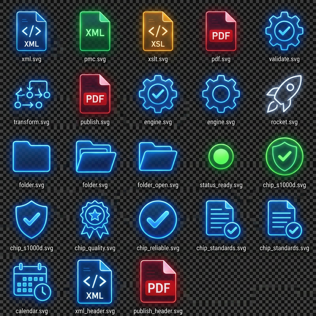 AI Design for Generate ONLY SVG files.
Do NOT generate PNG, JPG, WebP, ICO, sprite sheets, icon sheets, previews, mockups, screenshots, or raster images.
Each icon must be a separate standalone SVG file.
SVG must be fully editable vector graphics.
SVG must use transparent background.
SVG must be optimized and clean.
SVG must scale infinitely without quality loss.
No fixed width or height restrictions.
Use viewBox only.
REFERENCE IMAGE
Analyze the attached file "Idea.png" in extreme detail.

Match EXACTLY:

Colors
Glow intensity
Border thickness
Neon effects
Glassmorphism appearance
Corner radius
Inner shadows
Outer glow
Transparency levels
Layer structure
Light reflections
Blue neon visual style
Red neon visual style
Green neon visual style
Orange neon visual style
Aircraft-industry software appearance
Futuristic S1000D publishing tool aesthetic

Do not redesign.
Do not reinterpret.
Do not simplify.
Do not modernize.
Do not change style.

Reproduce the visual language of the reference image as accurately as possible.


DETAIL LEVEL

Use extreme detail.
Preserve:

Neon bloom
Internal gradients
Edge highlights
Reflection streaks
Layered lighting
Transparency
Soft glow halos
Inner illumination
Bevel effects
Glass surfaces
Futuristic HUD style

Every icon should appear as if extracted directly from the UI.

CONSISTENCY RULES

All icons must:

Belong to same visual family.
Use identical glow treatment.
Use consistent line weights.
Use consistent corner radii.
Use consistent lighting direction.
Use identical glassmorphism treatment.
SVG TECHNICAL REQUIREMENTS

Use:

Linear gradients
Radial gradients
Gaussian blur filters
Glow filters
Opacity layers
Vector paths only

Avoid:

Embedded raster images
Bitmap data
PNG inside SVG
Base64 image embedding
OUTPUT STRUCTURE

Create:

xml.svg
pmc.svg
xslt.svg
pdf.svg
validate.svg
transform.svg
publish.svg
engine.svg
rocket.svg
folder.svg
folder_open.svg
status_ready.svg
chip_s1000d.svg
chip_quality.svg
chip_reliable.svg
chip_standards.svg
calendar.svg
xml_header.svg
publish_header.svg

Generate production-quality SVG assets suitable for a professional PySide6 aviation publishing application.


Give me the SVG downloadable files