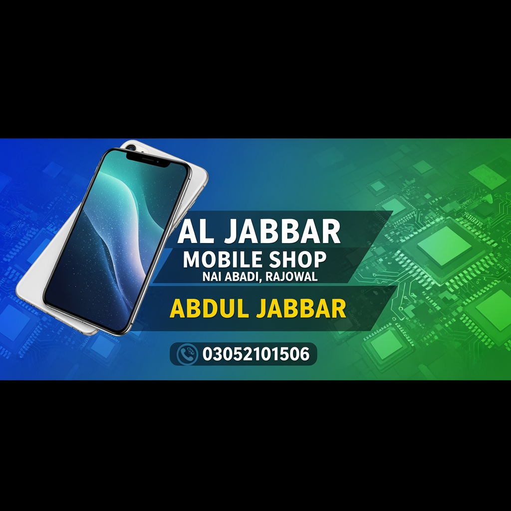 AI Design for aljabbar mobile shop nai abadi rajowal  03052101506 abdul jabbar ke barey si flax ben kr dao card bena dao
