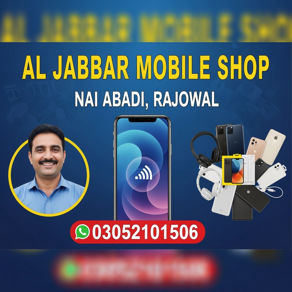 AI Design for aljabbar mobile shop nai abadi rajowal  03052101506 abdul jabbar ke barey si flax ben kr dao card bena dao