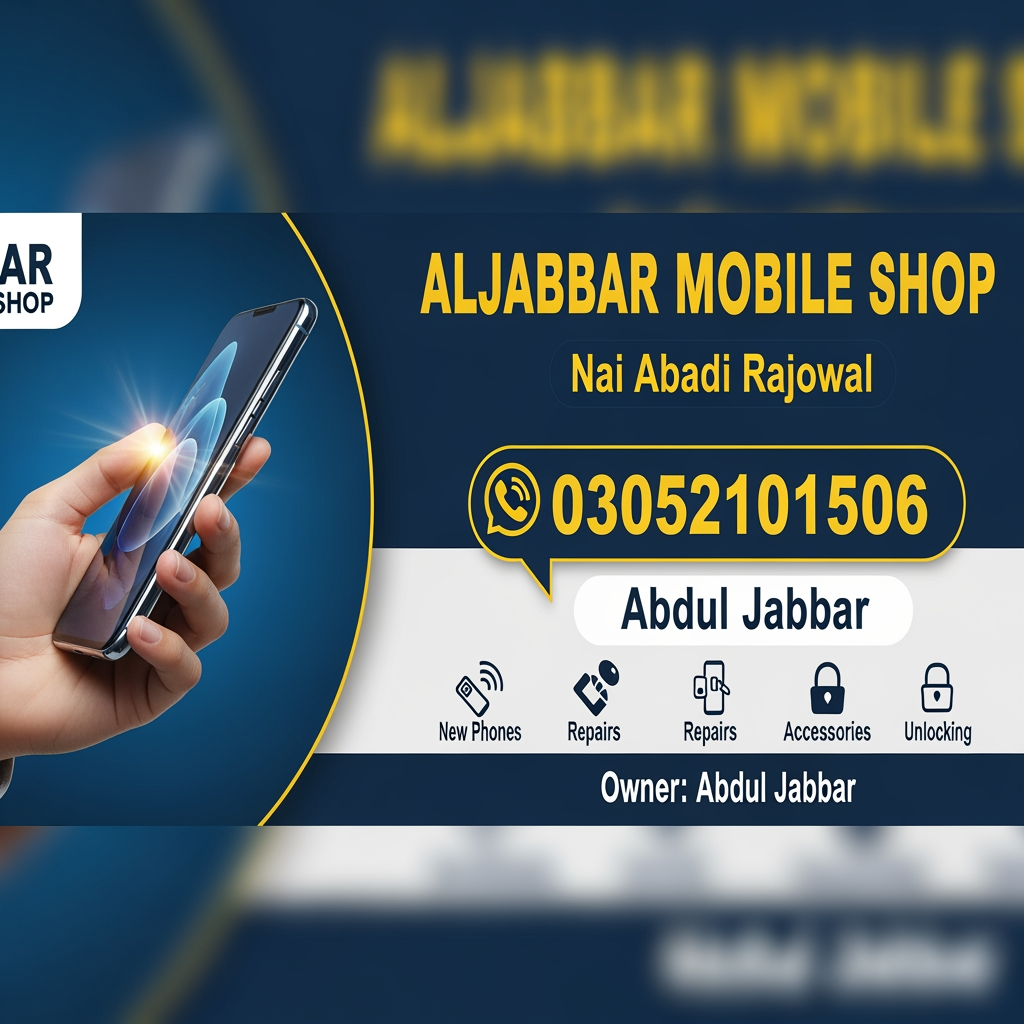 AI Design for aljabbar mobile shop nai abadi rajowal  03052101506 abdul jabbar ke barey si flax ben kr dao card bena dao