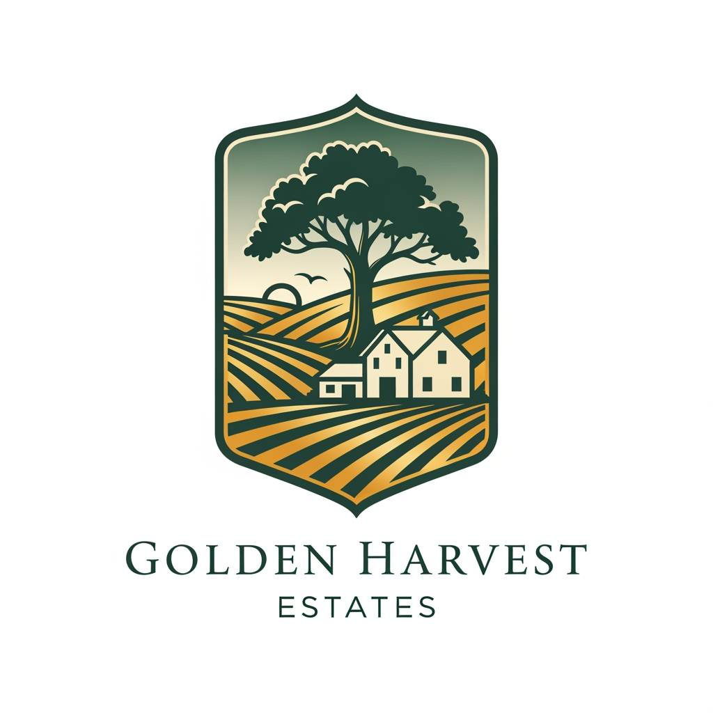 AI Design for premium farmhouses and exclusive farmland plots. The brand represents luxury, peace, nature, and long-term value. Icon-Based Design – Combining elements of farmland, farmhouse living, nature, or landscape.  The logo should reflect: • Luxury farmhouse living • Natural farmland landscapes • Growth, prosperity, and peace • Premium investment value i want it to look more luxury color used are #69735b and #e3b255