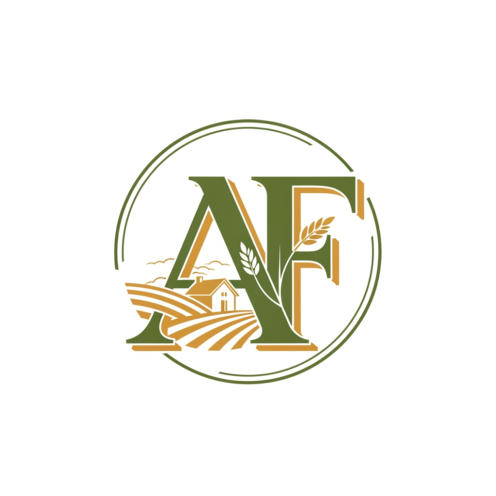 AI Design for premium farmhouses and exclusive farmland plots. The brand represents luxury, peace, nature, and long-term value.  Lettermark Design (AF) – A premium monogram using the initials AF (Ananda Farms). The logo should reflect: • Luxury farmhouse living • Natural farmland landscapes • Growth, prosperity, and peace • Premium investment value i want it to look more luxury color used are #69735b and #e3b255. can we make it more creative and premium