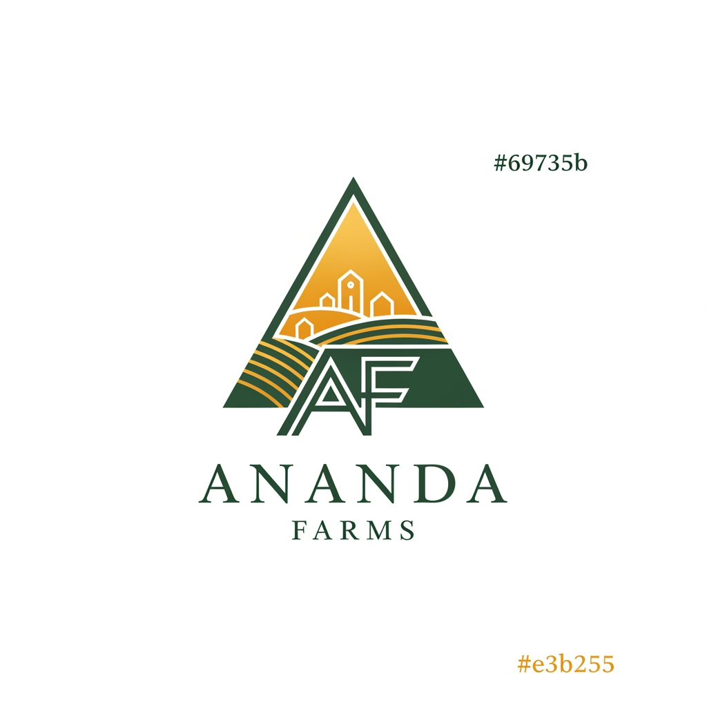 AI Design for premium farmhouses and exclusive farmland plots. The brand represents luxury, peace, nature, and long-term value. 1. Triangle Design – Inspired by growth, land, stability, and premium investment. 2. Icon-Based Design – Combining elements of farmland, farmhouse living, nature, or landscape. 3. Lettermark Design (AF) – A premium monogram using the initials AF (Ananda Farms). The logo should reflect: • Luxury farmhouse living • Natural farmland landscapes • Growth, prosperity, and peace • Premium investment value i want it to look more luxury color used are #69735b and #e3b255