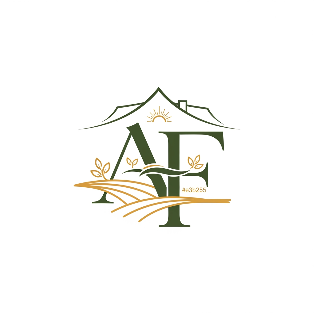 AI Design for premium farmhouses and exclusive farmland plots. The brand represents luxury, peace, nature, and long-term value.  Lettermark Design (AF) – A premium monogram using the initials AF (Ananda Farms). The logo should reflect: • Luxury farmhouse living • Natural farmland landscapes • Growth, prosperity, and peace • Premium investment value i want it to look more luxury color used are #69735b and #e3b255. can we make it more creative and premium