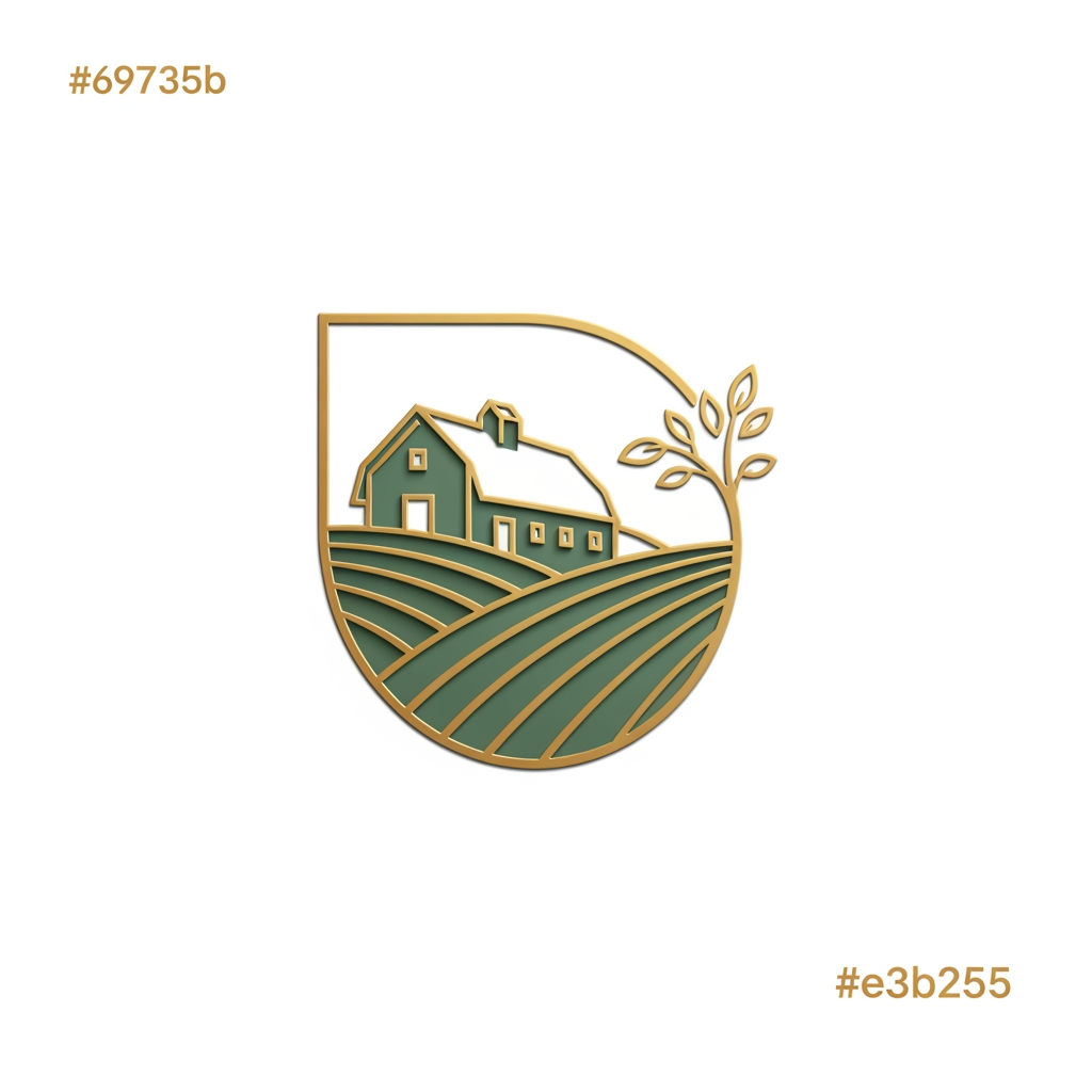 AI Design for premium farmhouses and exclusive farmland plots. The brand represents luxury, peace, nature, and long-term value. Icon-Based Design – Combining elements of farmland, farmhouse living, nature, or landscape.  The logo should reflect: • Luxury farmhouse living • Natural farmland landscapes • Growth, prosperity, and peace • Premium investment value i want it to look more luxury color used are #69735b and #e3b255