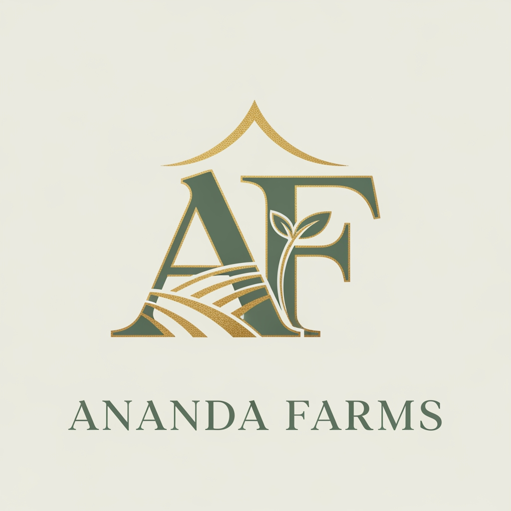 AI Design for premium farmhouses and exclusive farmland plots. The brand represents luxury, peace, nature, and long-term value.  Lettermark Design (AF) – A premium monogram using the initials AF (Ananda Farms). The logo should reflect: • Luxury farmhouse living • Natural farmland landscapes • Growth, prosperity, and peace • Premium investment value i want it to look more luxury color used are #69735b and #e3b255. can we make it more creative and premium