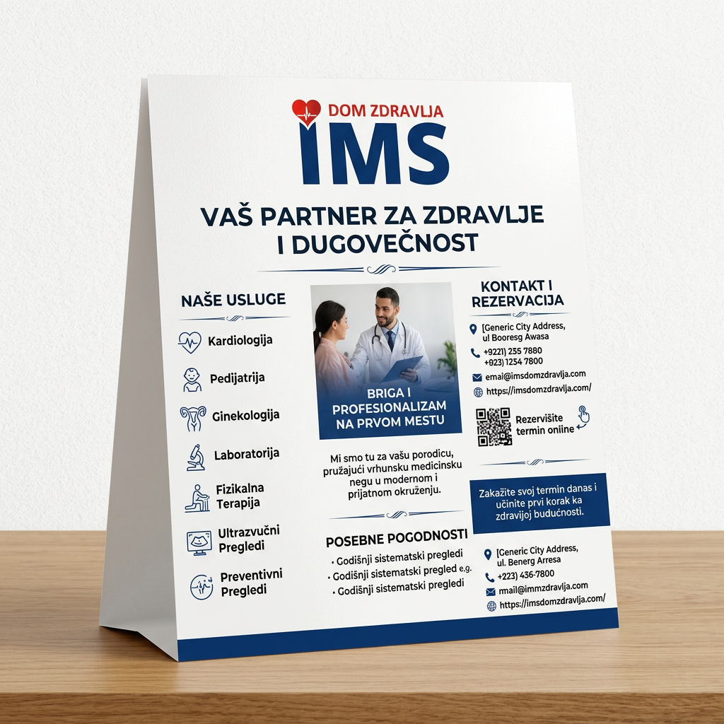AI Design for gledaj sve ovo je okej ali meni treba slika od koje cu stampati flajere okej idemo u dobrom pravcu samo informacije izvuci sa sajta https://imsdomzdravlja.com/