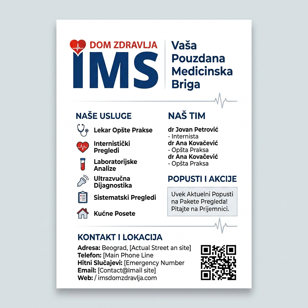 AI Design for gledaj sve ovo je okej ali meni treba slika od koje cu stampati flajere okej idemo u dobrom pravcu samo informacije izvuci sa sajta https://imsdomzdravlja.com/
