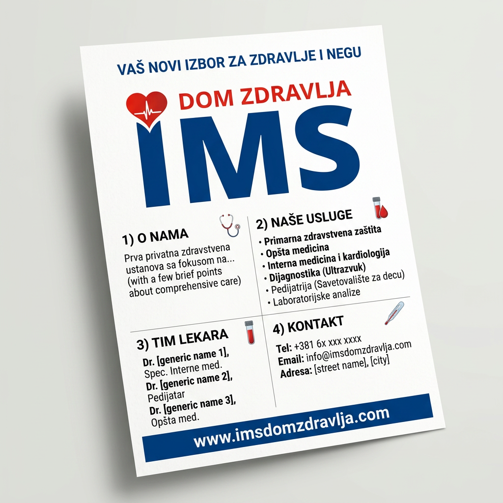AI Design for gledaj sve ovo je okej ali meni treba slika od koje cu stampati flajere okej idemo u dobrom pravcu samo informacije izvuci sa sajta https://imsdomzdravlja.com/