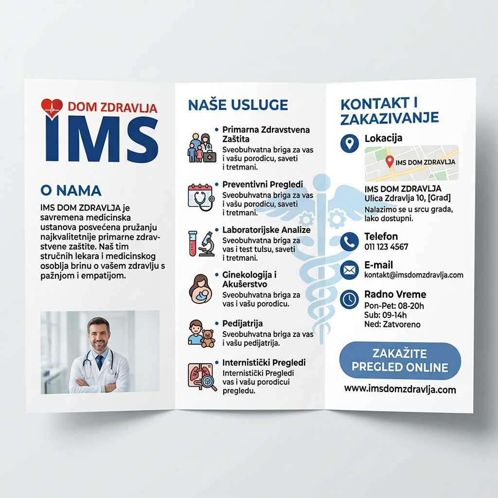 AI Design for gledaj sve ovo je okej ali meni treba slika od koje cu stampati flajere okej idemo u dobrom pravcu samo informacije izvuci sa sajta https://imsdomzdravlja.com/