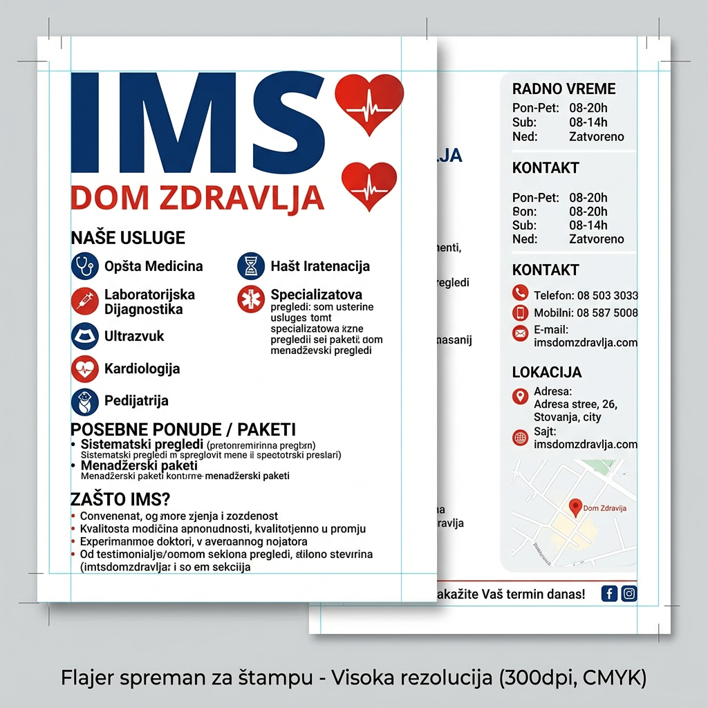 AI Design for gledaj sve ovo je okej ali meni treba slika od koje cu stampati flajere okej idemo u dobrom pravcu samo informacije izvuci sa sajta https://imsdomzdravlja.com/
