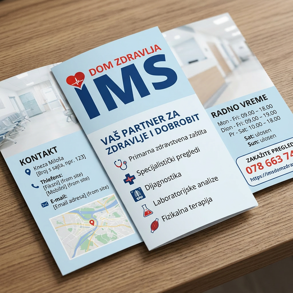 AI Design for gledaj sve ovo je okej ali meni treba slika od koje cu stampati flajere okej idemo u dobrom pravcu samo informacije izvuci sa sajta https://imsdomzdravlja.com/
