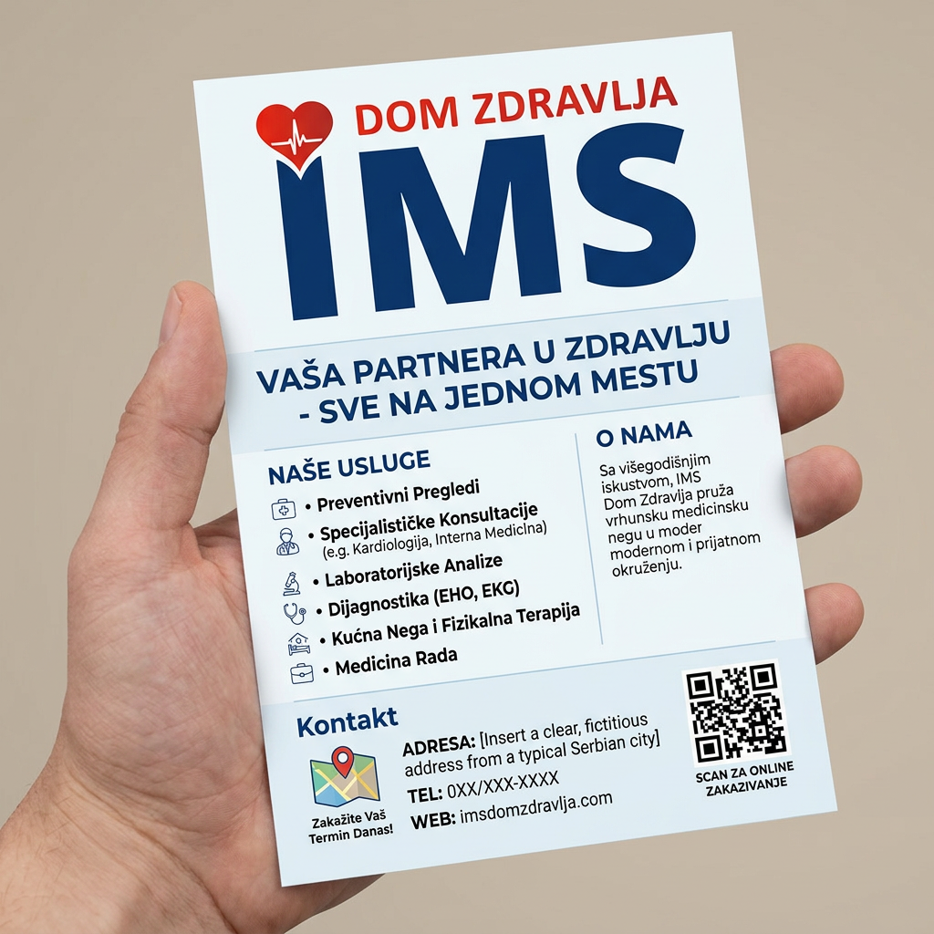 AI Design for gledaj sve ovo je okej ali meni treba slika od koje cu stampati flajere okej idemo u dobrom pravcu samo informacije izvuci sa sajta https://imsdomzdravlja.com/