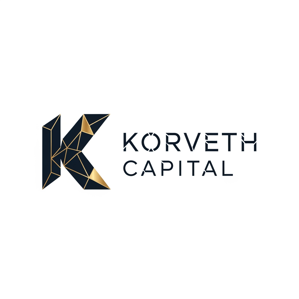 AI Design for A minimalist, professional logo for a financial institution called "Korveth Capital." The mark should combine a wordmark with an abstract geometric symbol built from the letter "K" — sharp, angular, constructed from clean intersecting lines or a faceted geometric form, suggesting precision, structure, and ascent (without being a literal arrow or graph icon). Color palette: deep navy or near-black as the primary color, paired with a single metallic gold or cool silver accent. Typography: a modern geometric sans-serif or a refined slab-serif, tight letter spacing, all uppercase or small caps, evoking the visual register of Bloomberg, Refinitiv, ICE, or Axioma — not a consumer fintech app. No literal bull, bear, dollar sign, candlestick chart, or generic upward arrow. The mark should work equally well as a small square app icon and as a wide horizontal lockup with the full name beside it. Flat vector style, no gradients, no 3D effects, no drop shadows. Clean negative space, suitable on both white and dark backgrounds.