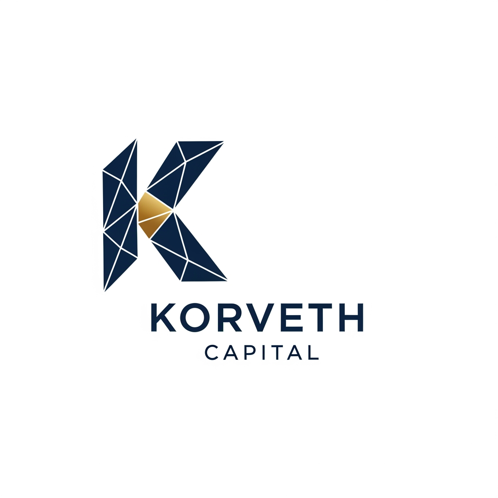 AI Design for A minimalist, professional logo for a financial institution called "Korveth Capital." The mark should combine a wordmark with an abstract geometric symbol built from the letter "K" — sharp, angular, constructed from clean intersecting lines or a faceted geometric form, suggesting precision, structure, and ascent (without being a literal arrow or graph icon). Color palette: deep navy or near-black as the primary color, paired with a single metallic gold or cool silver accent. Typography: a modern geometric sans-serif or a refined slab-serif, tight letter spacing, all uppercase or small caps, evoking the visual register of Bloomberg, Refinitiv, ICE, or Axioma — not a consumer fintech app. No literal bull, bear, dollar sign, candlestick chart, or generic upward arrow. The mark should work equally well as a small square app icon and as a wide horizontal lockup with the full name beside it. Flat vector style, no gradients, no 3D effects, no drop shadows. Clean negative space, suitable on both white and dark backgrounds.