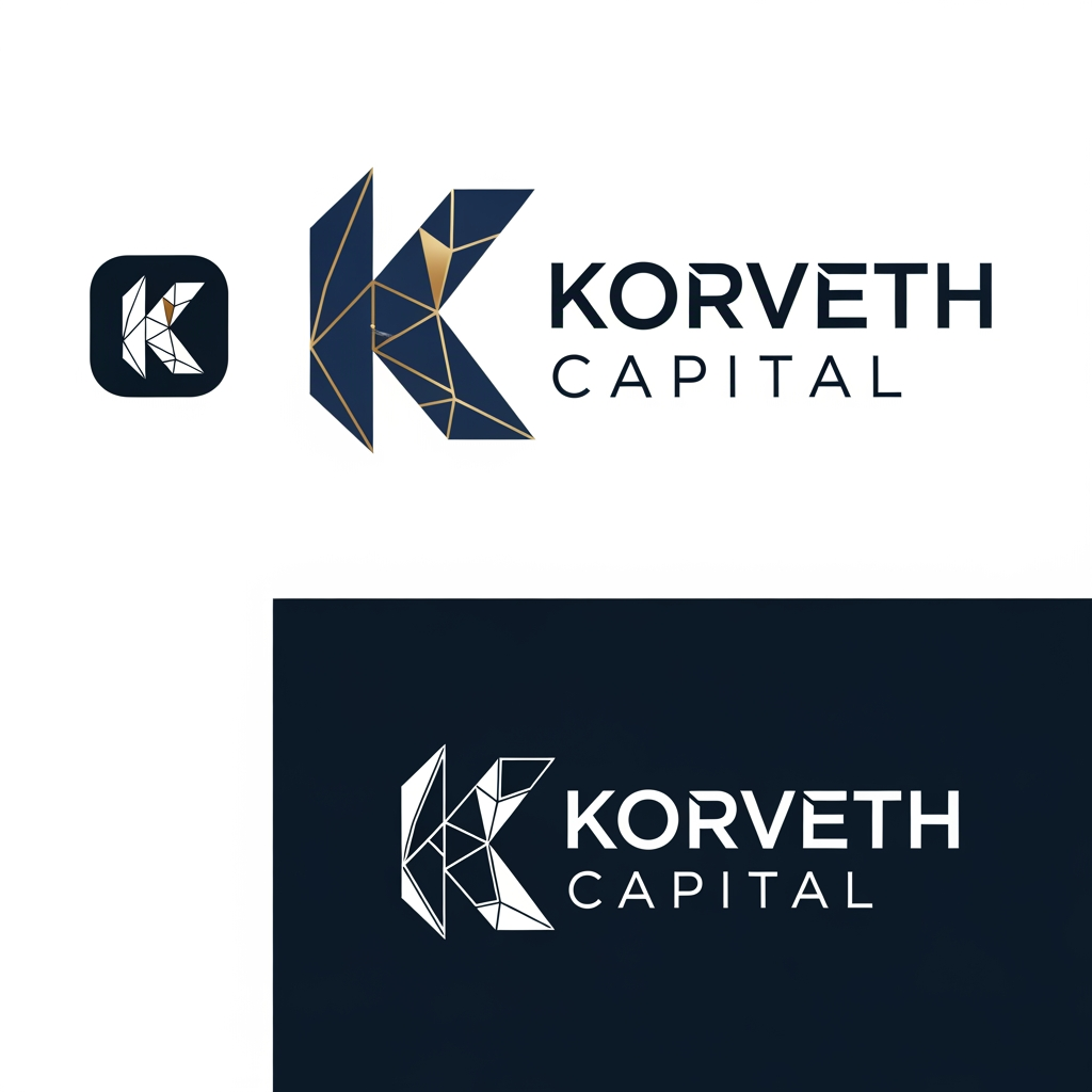 AI Design for A minimalist, professional logo for a financial institution called "Korveth Capital." The mark should combine a wordmark with an abstract geometric symbol built from the letter "K" — sharp, angular, constructed from clean intersecting lines or a faceted geometric form, suggesting precision, structure, and ascent (without being a literal arrow or graph icon). Color palette: deep navy or near-black as the primary color, paired with a single metallic gold or cool silver accent. Typography: a modern geometric sans-serif or a refined slab-serif, tight letter spacing, all uppercase or small caps, evoking the visual register of Bloomberg, Refinitiv, ICE, or Axioma — not a consumer fintech app. No literal bull, bear, dollar sign, candlestick chart, or generic upward arrow. The mark should work equally well as a small square app icon and as a wide horizontal lockup with the full name beside it. Flat vector style, no gradients, no 3D effects, no drop shadows. Clean negative space, suitable on both white and dark backgrounds.