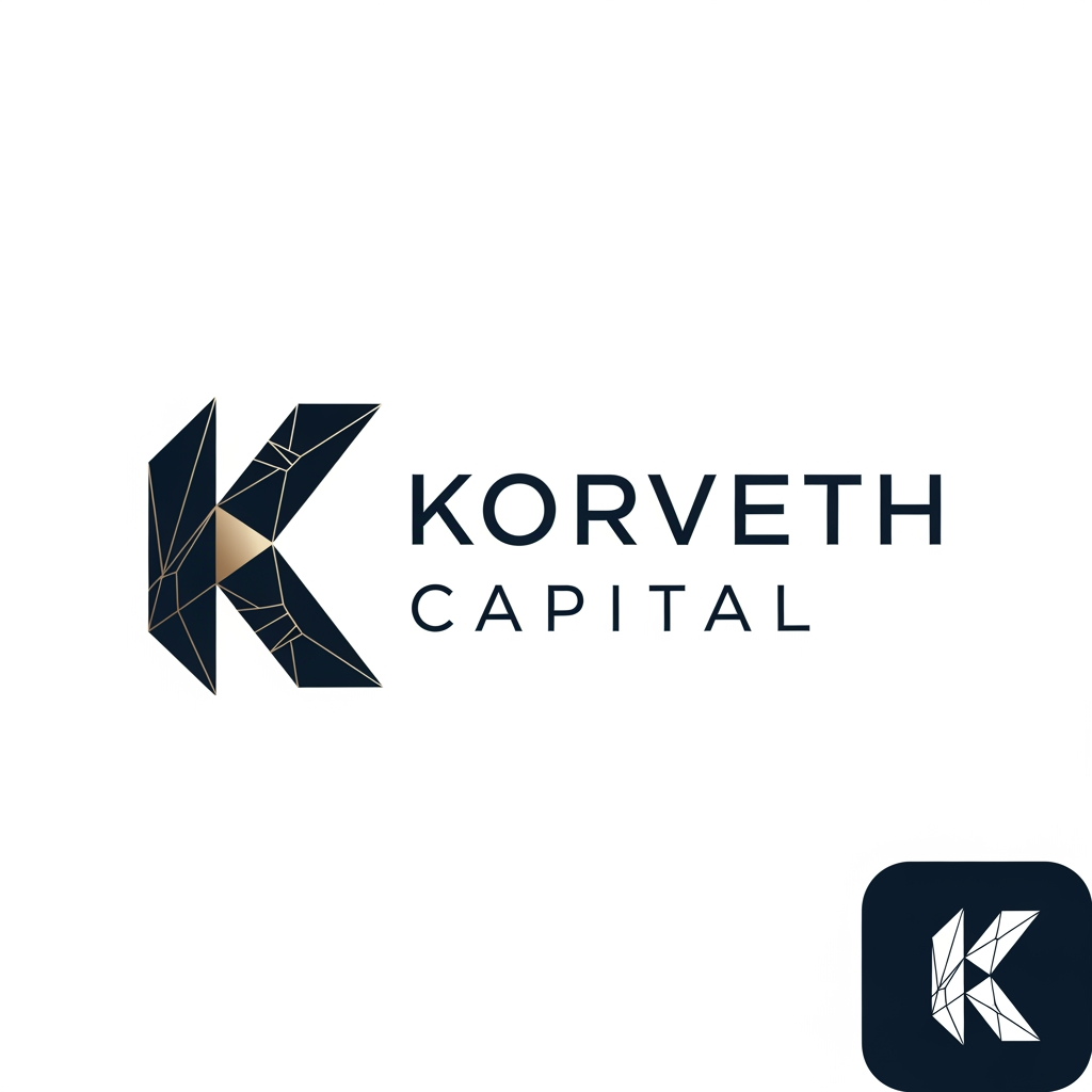AI Design for A minimalist, professional logo for a financial institution called "Korveth Capital." The mark should combine a wordmark with an abstract geometric symbol built from the letter "K" — sharp, angular, constructed from clean intersecting lines or a faceted geometric form, suggesting precision, structure, and ascent (without being a literal arrow or graph icon). Color palette: deep navy or near-black as the primary color, paired with a single metallic gold or cool silver accent. Typography: a modern geometric sans-serif or a refined slab-serif, tight letter spacing, all uppercase or small caps, evoking the visual register of Bloomberg, Refinitiv, ICE, or Axioma — not a consumer fintech app. No literal bull, bear, dollar sign, candlestick chart, or generic upward arrow. The mark should work equally well as a small square app icon and as a wide horizontal lockup with the full name beside it. Flat vector style, no gradients, no 3D effects, no drop shadows. Clean negative space, suitable on both white and dark backgrounds.