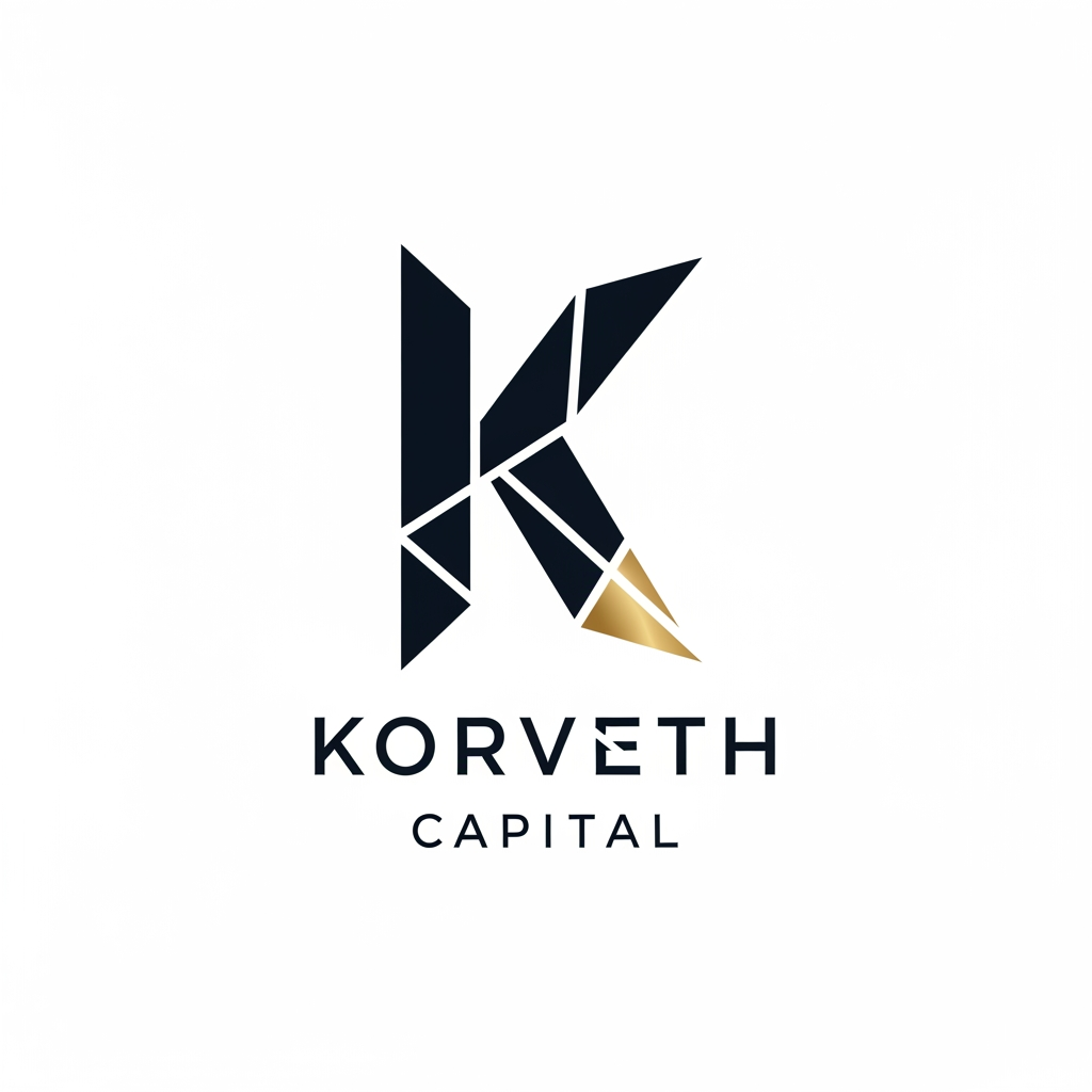 AI Design for A minimalist, professional logo for a financial institution called "Korveth Capital." The mark should combine a wordmark with an abstract geometric symbol built from the letter "K" — sharp, angular, constructed from clean intersecting lines or a faceted geometric form, suggesting precision, structure, and ascent (without being a literal arrow or graph icon). Color palette: deep navy or near-black as the primary color, paired with a single metallic gold or cool silver accent. Typography: a modern geometric sans-serif or a refined slab-serif, tight letter spacing, all uppercase or small caps, evoking the visual register of Bloomberg, Refinitiv, ICE, or Axioma — not a consumer fintech app. No literal bull, bear, dollar sign, candlestick chart, or generic upward arrow. The mark should work equally well as a small square app icon and as a wide horizontal lockup with the full name beside it. Flat vector style, no gradients, no 3D effects, no drop shadows. Clean negative space, suitable on both white and dark backgrounds.