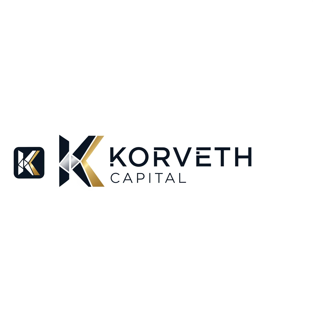 AI Design for A minimalist, professional logo for a financial institution called "Korveth Capital." The mark should combine a wordmark with an abstract geometric symbol built from the letter "K" — sharp, angular, constructed from clean intersecting lines or a faceted geometric form, suggesting precision, structure, and ascent (without being a literal arrow or graph icon). Color palette: deep navy or near-black as the primary color, paired with a single metallic gold or cool silver accent. Typography: a modern geometric sans-serif or a refined slab-serif, tight letter spacing, all uppercase or small caps, evoking the visual register of Bloomberg, Refinitiv, ICE, or Axioma — not a consumer fintech app. No literal bull, bear, dollar sign, candlestick chart, or generic upward arrow. The mark should work equally well as a small square app icon and as a wide horizontal lockup with the full name beside it. Flat vector style, no gradients, no 3D effects, no drop shadows. Clean negative space, suitable on both white and dark backgrounds.