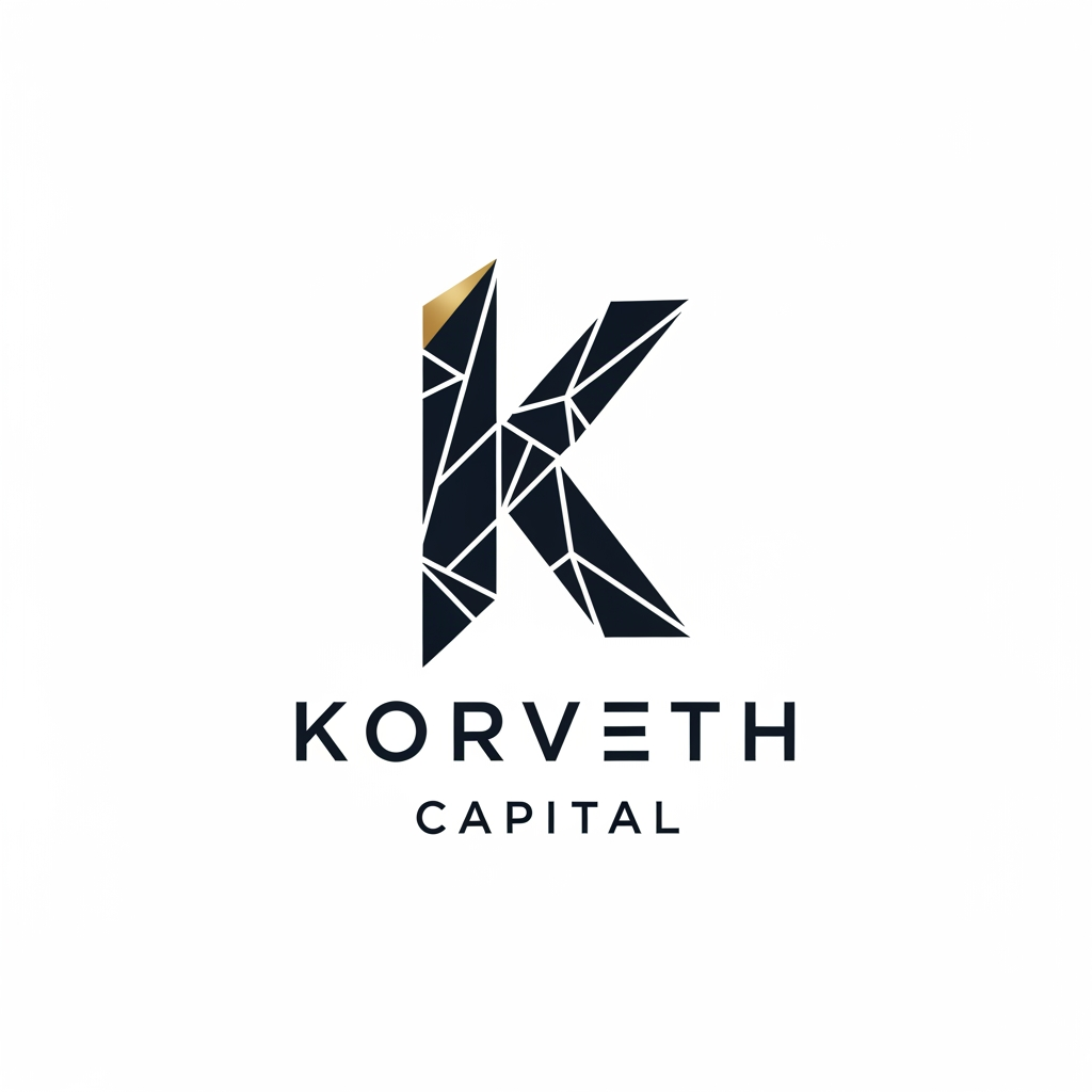 AI Design for A minimalist, professional logo for a financial institution called "Korveth Capital." The mark should combine a wordmark with an abstract geometric symbol built from the letter "K" — sharp, angular, constructed from clean intersecting lines or a faceted geometric form, suggesting precision, structure, and ascent (without being a literal arrow or graph icon). Color palette: deep navy or near-black as the primary color, paired with a single metallic gold or cool silver accent. Typography: a modern geometric sans-serif or a refined slab-serif, tight letter spacing, all uppercase or small caps, evoking the visual register of Bloomberg, Refinitiv, ICE, or Axioma — not a consumer fintech app. No literal bull, bear, dollar sign, candlestick chart, or generic upward arrow. The mark should work equally well as a small square app icon and as a wide horizontal lockup with the full name beside it. Flat vector style, no gradients, no 3D effects, no drop shadows. Clean negative space, suitable on both white and dark backgrounds.