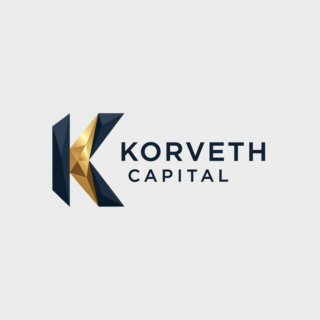 AI Design for A minimalist, professional logo for a financial institution called "Korveth Capital." The mark should combine a wordmark with an abstract geometric symbol built from the letter "K" — sharp, angular, constructed from clean intersecting lines or a faceted geometric form, suggesting precision, structure, and ascent (without being a literal arrow or graph icon). Color palette: deep navy or near-black as the primary color, paired with a single metallic gold or cool silver accent. Typography: a modern geometric sans-serif or a refined slab-serif, tight letter spacing, all uppercase or small caps, evoking the visual register of Bloomberg, Refinitiv, ICE, or Axioma — not a consumer fintech app. No literal bull, bear, dollar sign, candlestick chart, or generic upward arrow. The mark should work equally well as a small square app icon and as a wide horizontal lockup with the full name beside it. Flat vector style, no gradients, no 3D effects, no drop shadows. Clean negative space, suitable on both white and dark backgrounds.