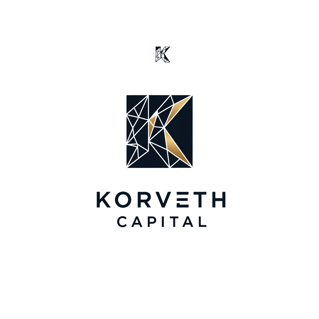 AI Design for A minimalist, professional logo for a financial institution called "Korveth Capital." The mark should combine a wordmark with an abstract geometric symbol built from the letter "K" — sharp, angular, constructed from clean intersecting lines or a faceted geometric form, suggesting precision, structure, and ascent (without being a literal arrow or graph icon). Color palette: deep navy or near-black as the primary color, paired with a single metallic gold or cool silver accent. Typography: a modern geometric sans-serif or a refined slab-serif, tight letter spacing, all uppercase or small caps, evoking the visual register of Bloomberg, Refinitiv, ICE, or Axioma — not a consumer fintech app. No literal bull, bear, dollar sign, candlestick chart, or generic upward arrow. The mark should work equally well as a small square app icon and as a wide horizontal lockup with the full name beside it. Flat vector style, no gradients, no 3D effects, no drop shadows. Clean negative space, suitable on both white and dark backgrounds.