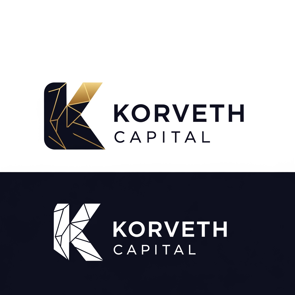 AI Design for A minimalist, professional logo for a financial institution called "Korveth Capital." The mark should combine a wordmark with an abstract geometric symbol built from the letter "K" — sharp, angular, constructed from clean intersecting lines or a faceted geometric form, suggesting precision, structure, and ascent (without being a literal arrow or graph icon). Color palette: deep navy or near-black as the primary color, paired with a single metallic gold or cool silver accent. Typography: a modern geometric sans-serif or a refined slab-serif, tight letter spacing, all uppercase or small caps, evoking the visual register of Bloomberg, Refinitiv, ICE, or Axioma — not a consumer fintech app. No literal bull, bear, dollar sign, candlestick chart, or generic upward arrow. The mark should work equally well as a small square app icon and as a wide horizontal lockup with the full name beside it. Flat vector style, no gradients, no 3D effects, no drop shadows. Clean negative space, suitable on both white and dark backgrounds.