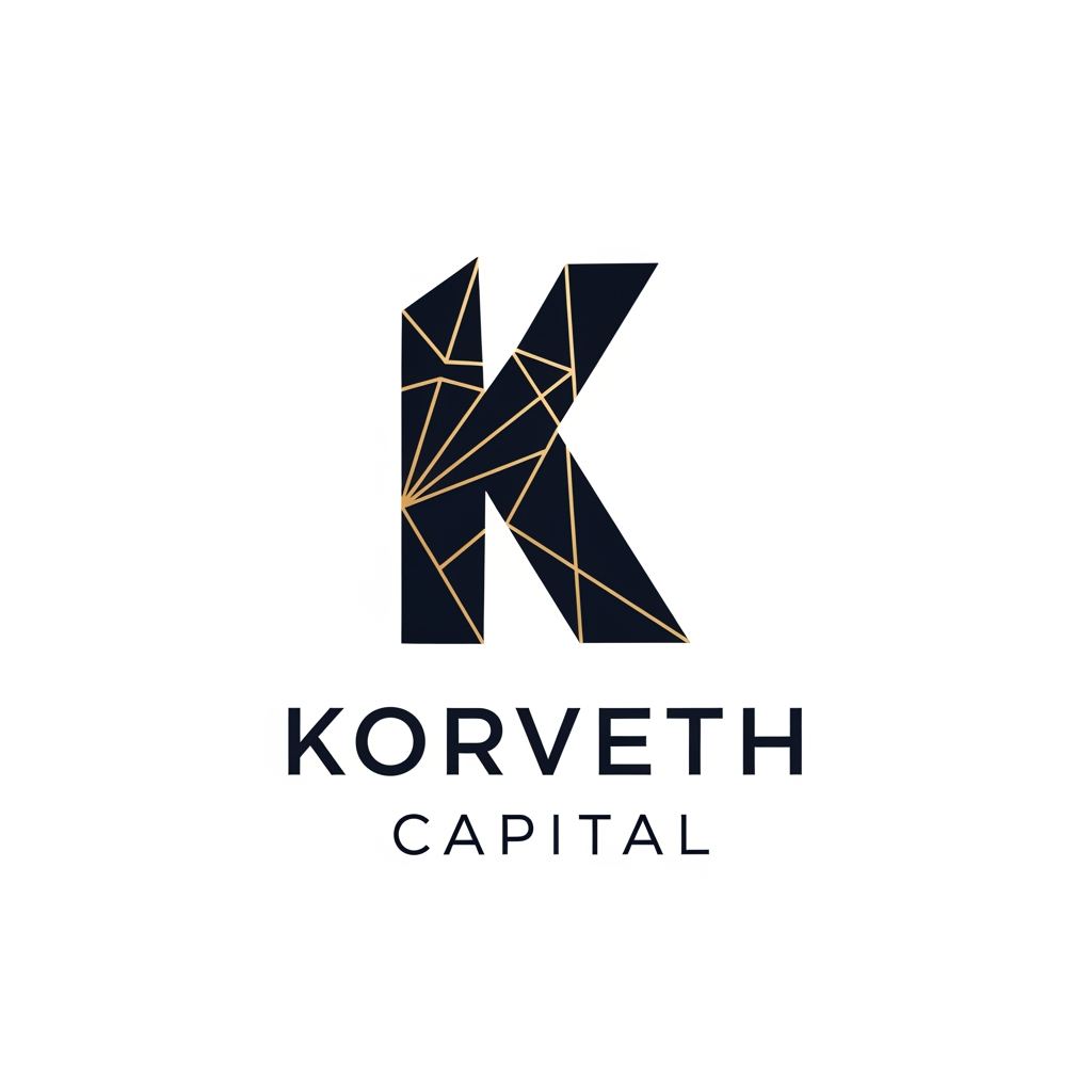 AI Design for A minimalist, professional logo for a financial institution called "Korveth Capital." The mark should combine a wordmark with an abstract geometric symbol built from the letter "K" — sharp, angular, constructed from clean intersecting lines or a faceted geometric form, suggesting precision, structure, and ascent (without being a literal arrow or graph icon). Color palette: deep navy or near-black as the primary color, paired with a single metallic gold or cool silver accent. Typography: a modern geometric sans-serif or a refined slab-serif, tight letter spacing, all uppercase or small caps, evoking the visual register of Bloomberg, Refinitiv, ICE, or Axioma — not a consumer fintech app. No literal bull, bear, dollar sign, candlestick chart, or generic upward arrow. The mark should work equally well as a small square app icon and as a wide horizontal lockup with the full name beside it. Flat vector style, no gradients, no 3D effects, no drop shadows. Clean negative space, suitable on both white and dark backgrounds.