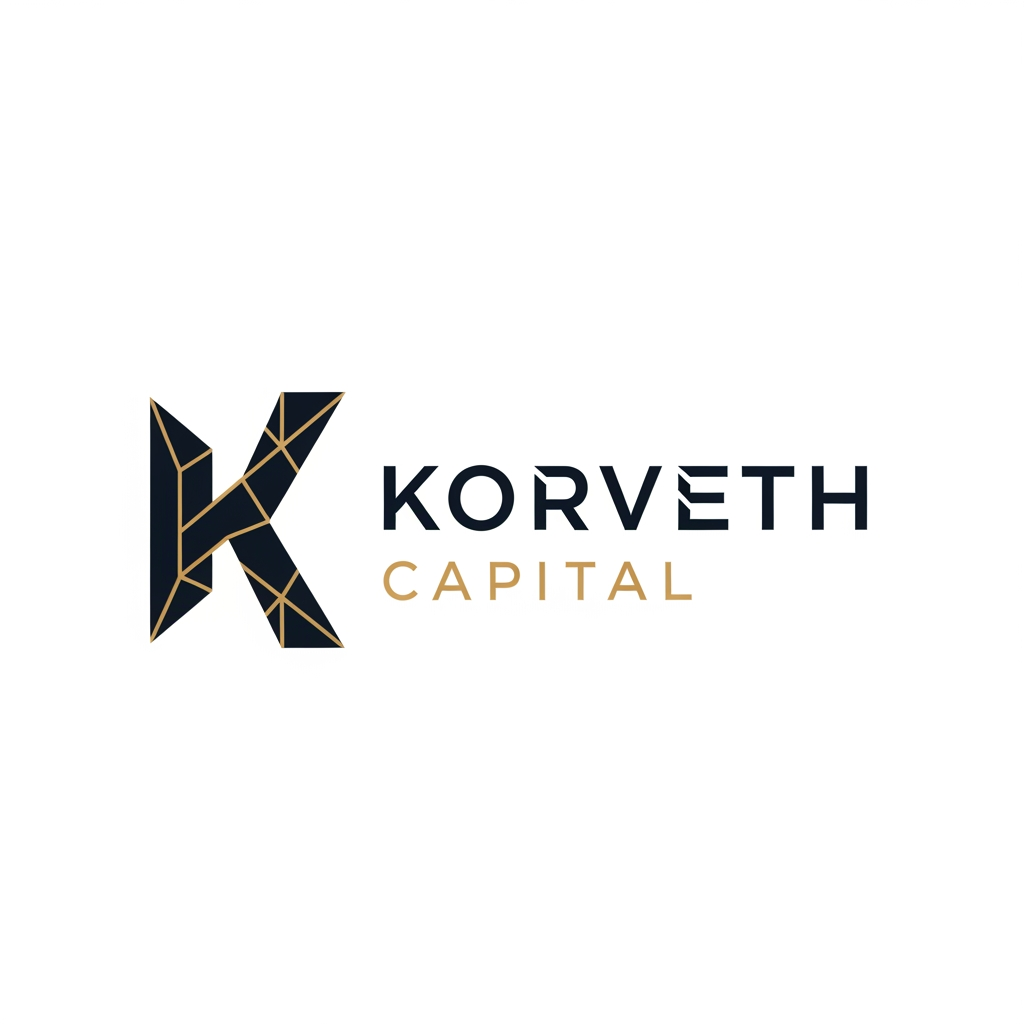 AI Design for A minimalist, professional logo for a financial institution called "Korveth Capital." The mark should combine a wordmark with an abstract geometric symbol built from the letter "K" — sharp, angular, constructed from clean intersecting lines or a faceted geometric form, suggesting precision, structure, and ascent (without being a literal arrow or graph icon). Color palette: deep navy or near-black as the primary color, paired with a single metallic gold or cool silver accent. Typography: a modern geometric sans-serif or a refined slab-serif, tight letter spacing, all uppercase or small caps, evoking the visual register of Bloomberg, Refinitiv, ICE, or Axioma — not a consumer fintech app. No literal bull, bear, dollar sign, candlestick chart, or generic upward arrow. The mark should work equally well as a small square app icon and as a wide horizontal lockup with the full name beside it. Flat vector style, no gradients, no 3D effects, no drop shadows. Clean negative space, suitable on both white and dark backgrounds.