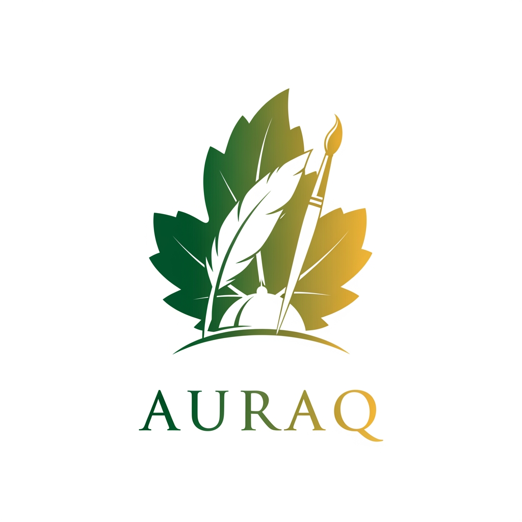 AI Design for we want to create a logo for AURAQ in a leaf's theme. It includes a quill and paint brush and a dome