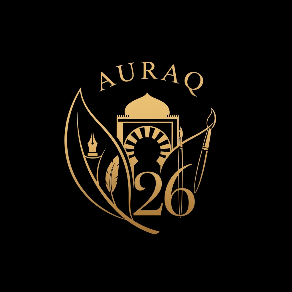 AI Design for we want to create a logo in black and golden colour theme for AURAQ 26 in a leaf's theme. It includes a quill and paint brush and a dome. it rmindes the reviving the legacy of islam focused on islamic spain
